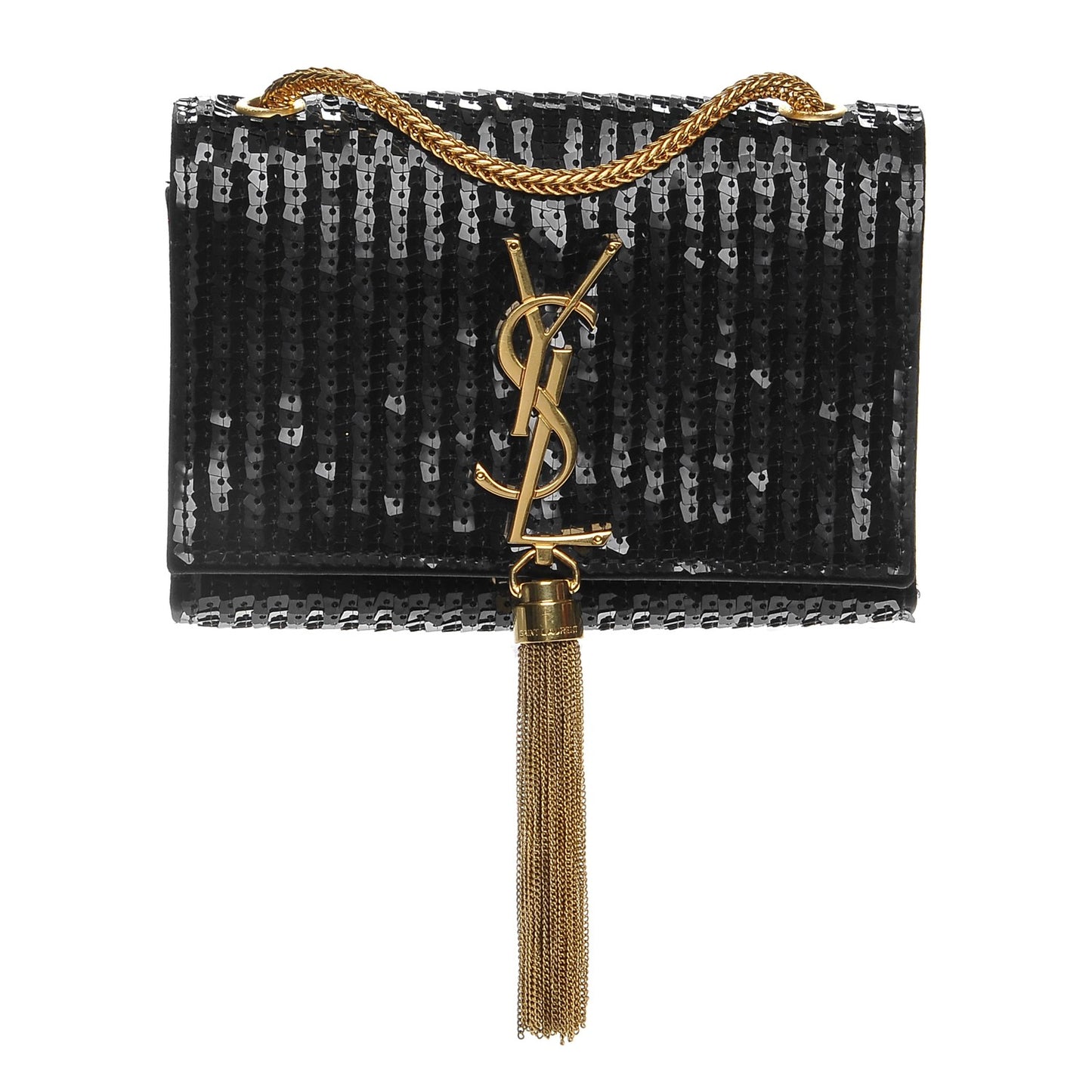 Sequin Small Classic Monogram Kate Tassel Satchel Black