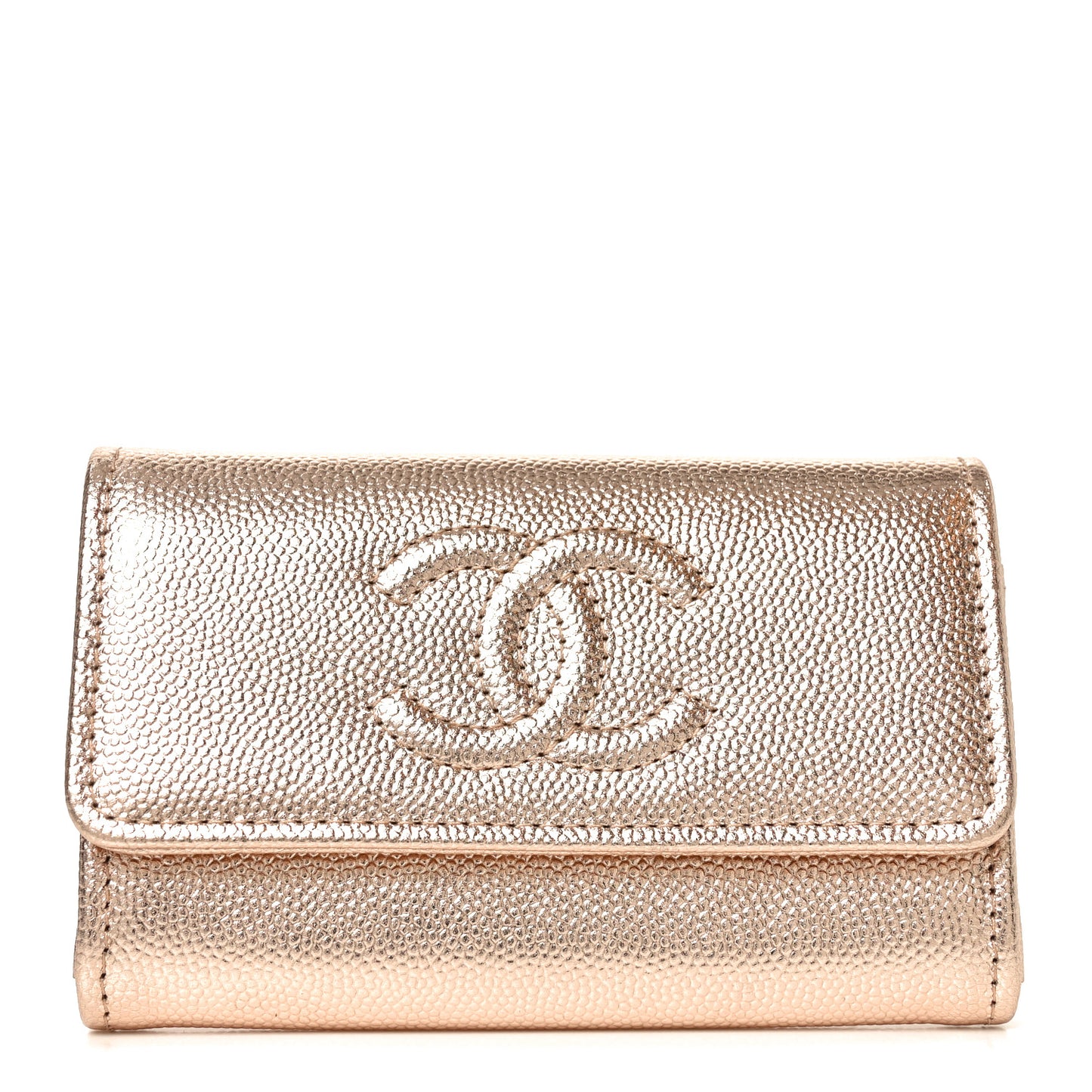 Metallic Caviar Quilted CC Flap Card Holder Copper