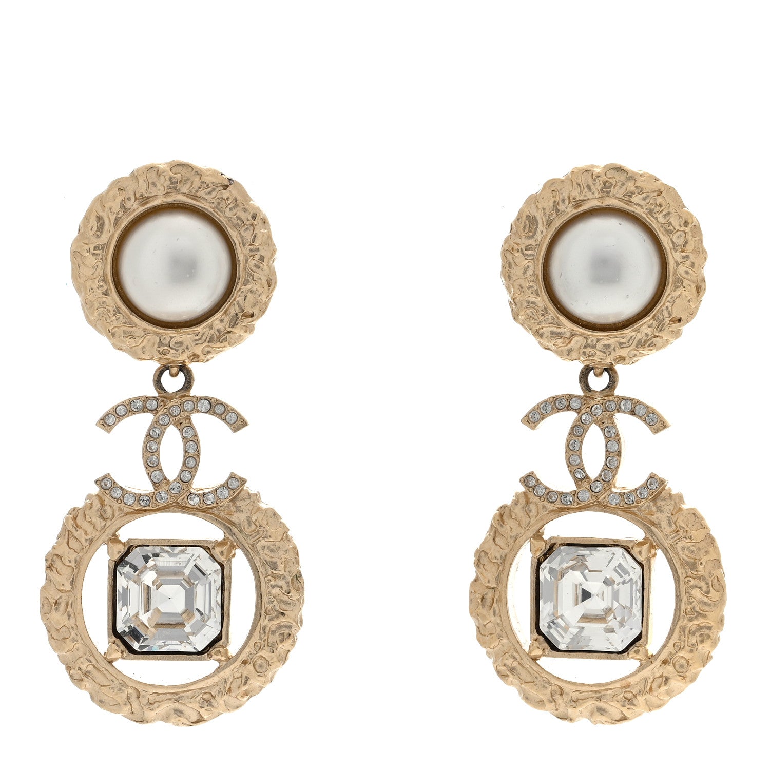 Chanel Crystal Pearl Textured CC Round Drop Earrings Gold 1 of 4