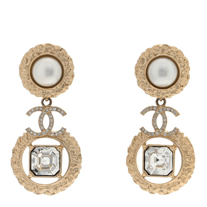 Chanel Crystal Pearl Textured CC Round Drop Earrings Gold 1 of 4