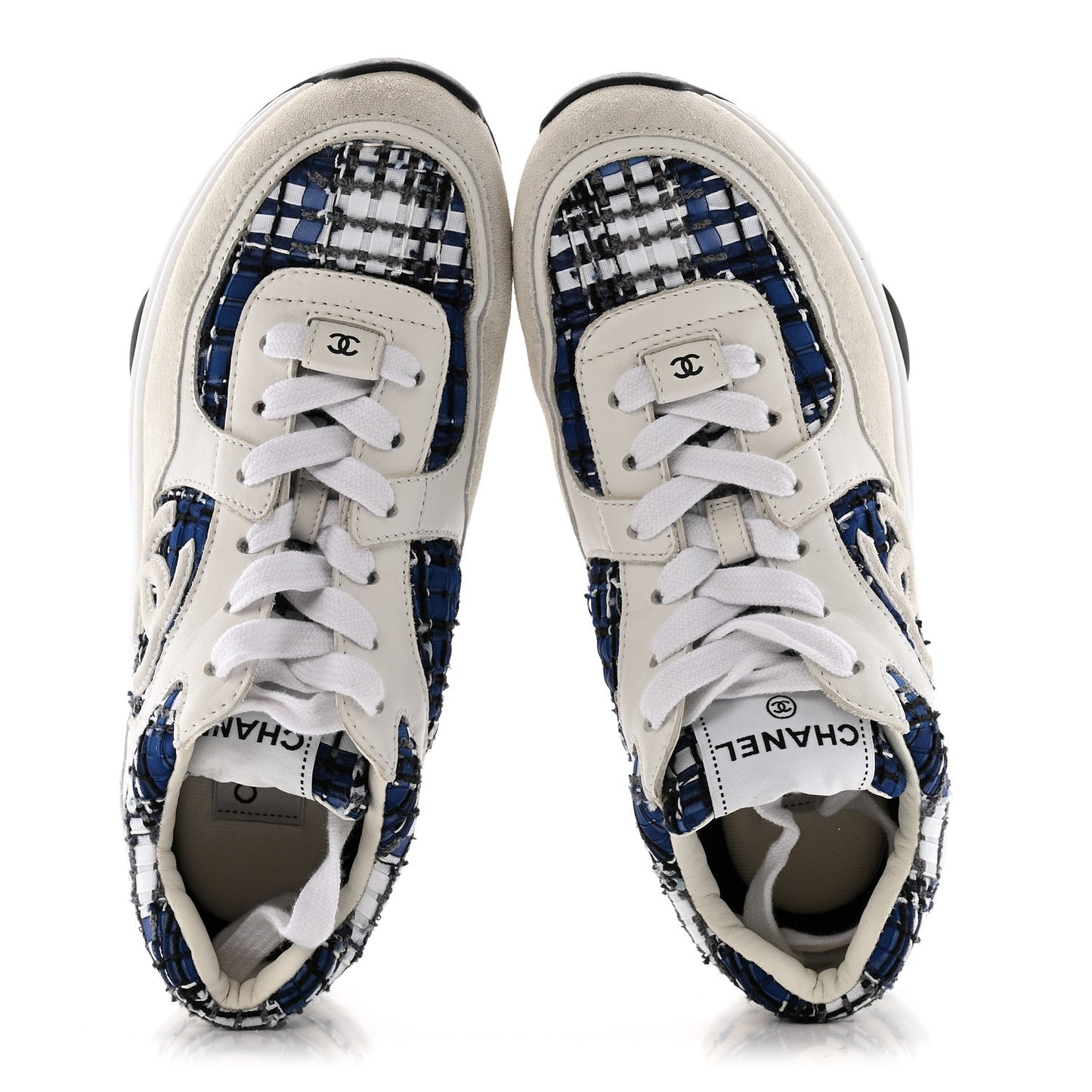 Tweed Suede Calfskin Womens CC Sneakers 38 Dark Blue Black Grey White