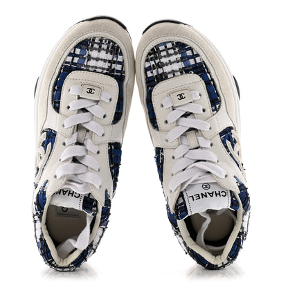 Chanel Tweed Suede Calfskin Womens CC Sneakers 38 Dark Blue Black Grey White 2 of 12