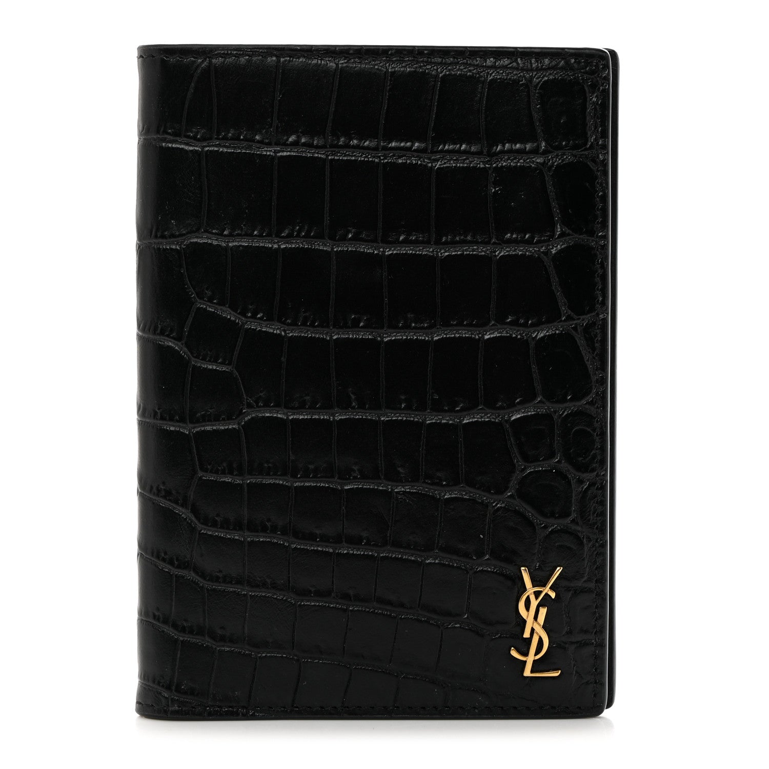 Saint Laurent Crocodile Embossed Tiny Cassandre Passport Holder Black 1 of 8
