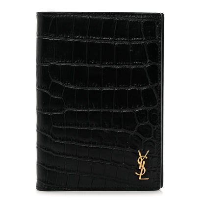 Saint Laurent Crocodile Embossed Tiny Cassandre Passport Holder Black 1 of 8