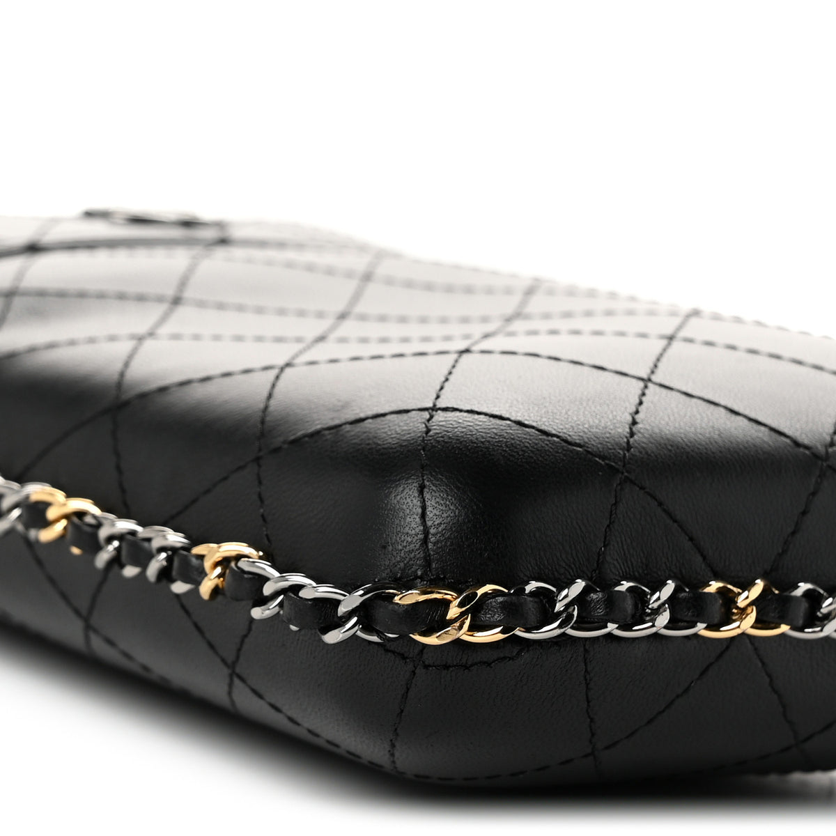 Lambskin Quilted Chain Around Phone Holder Black
