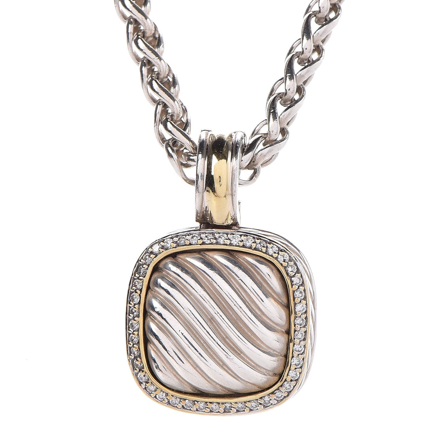 Sterling Silver 18K Yellow Gold Diamond 16mm Sculpted Cable Pendant Necklace