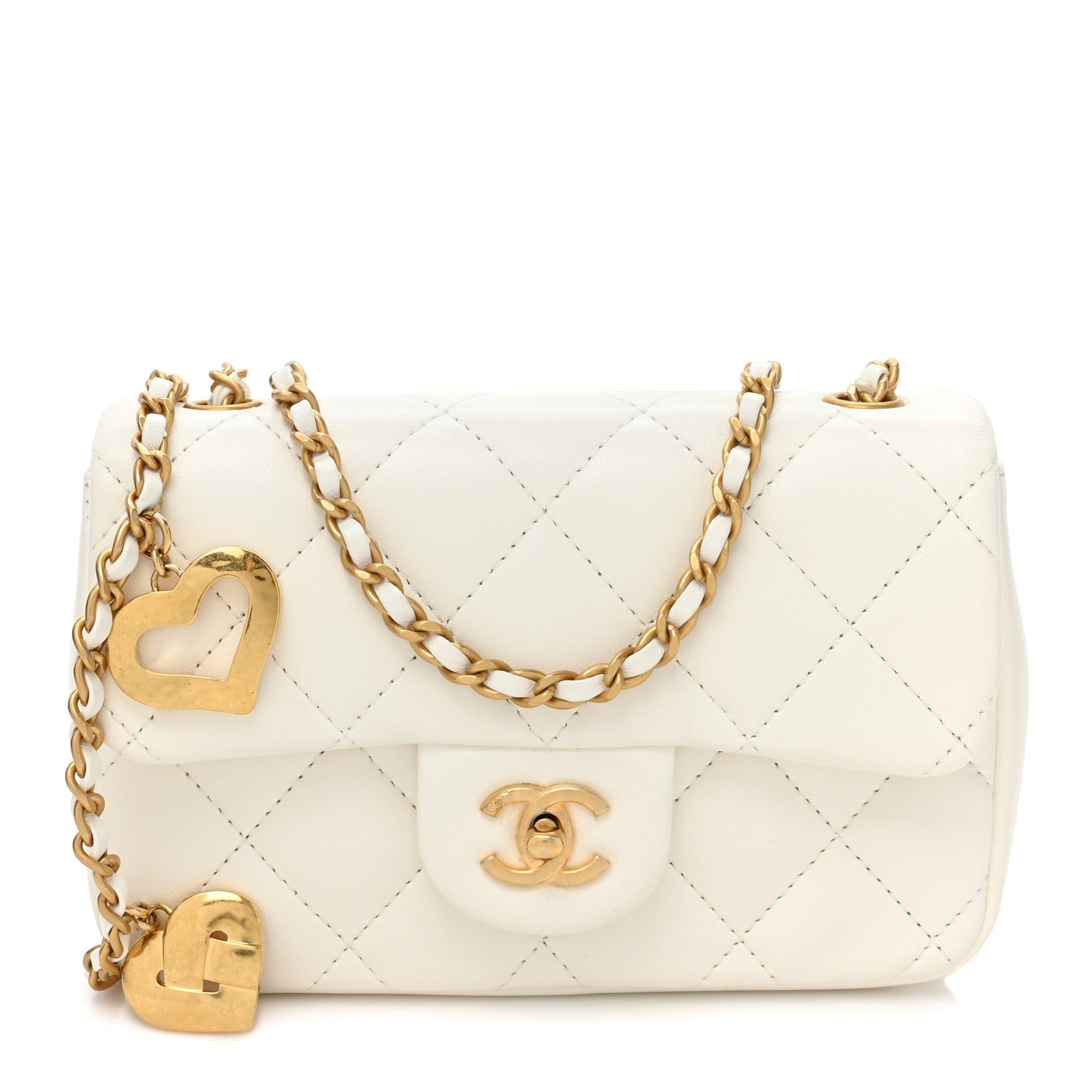 Lambskin Quilted Mini Heart Charms Flap White