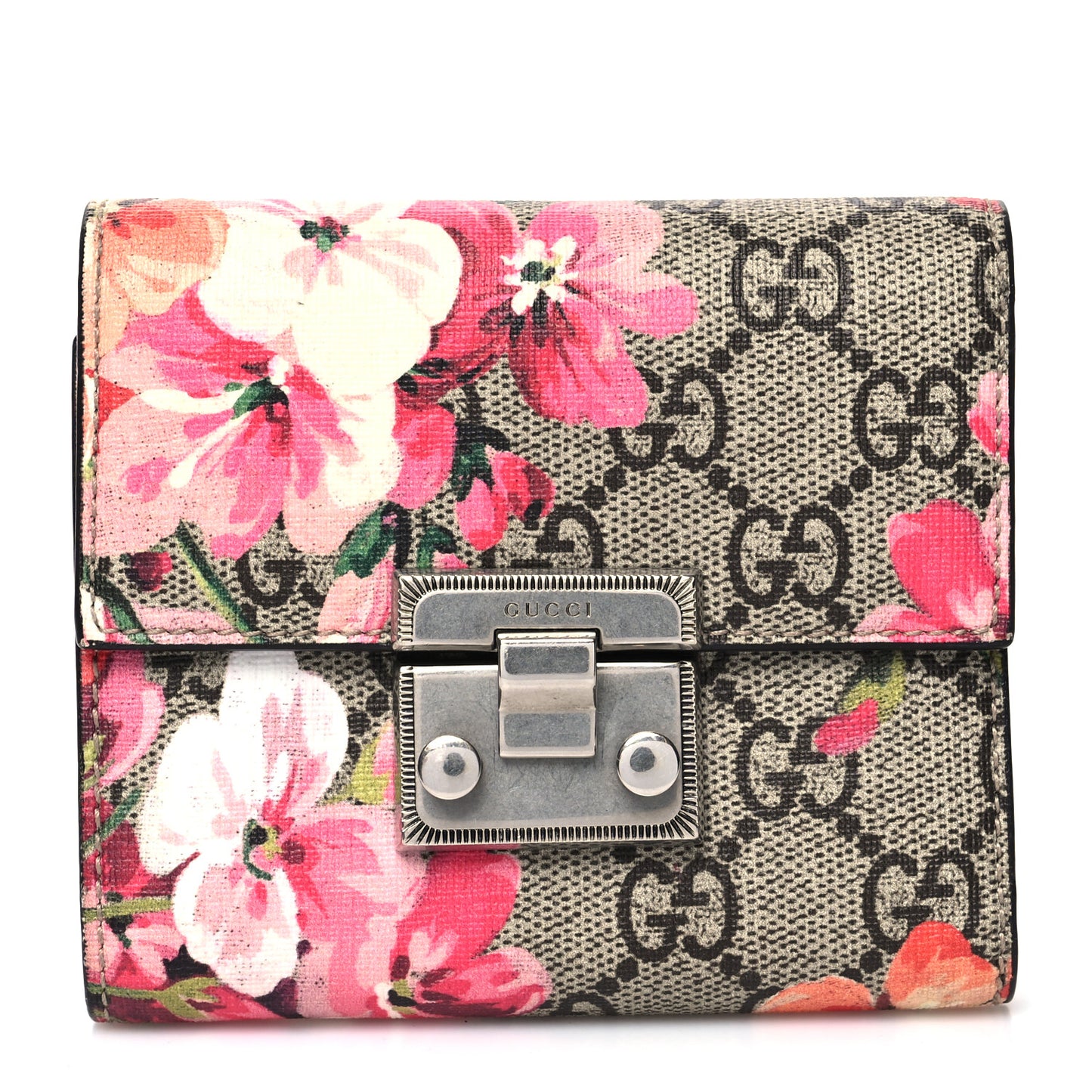 GG Supreme Monogram Blooms Padlock Wallet Beige Multicolor Dry Rose