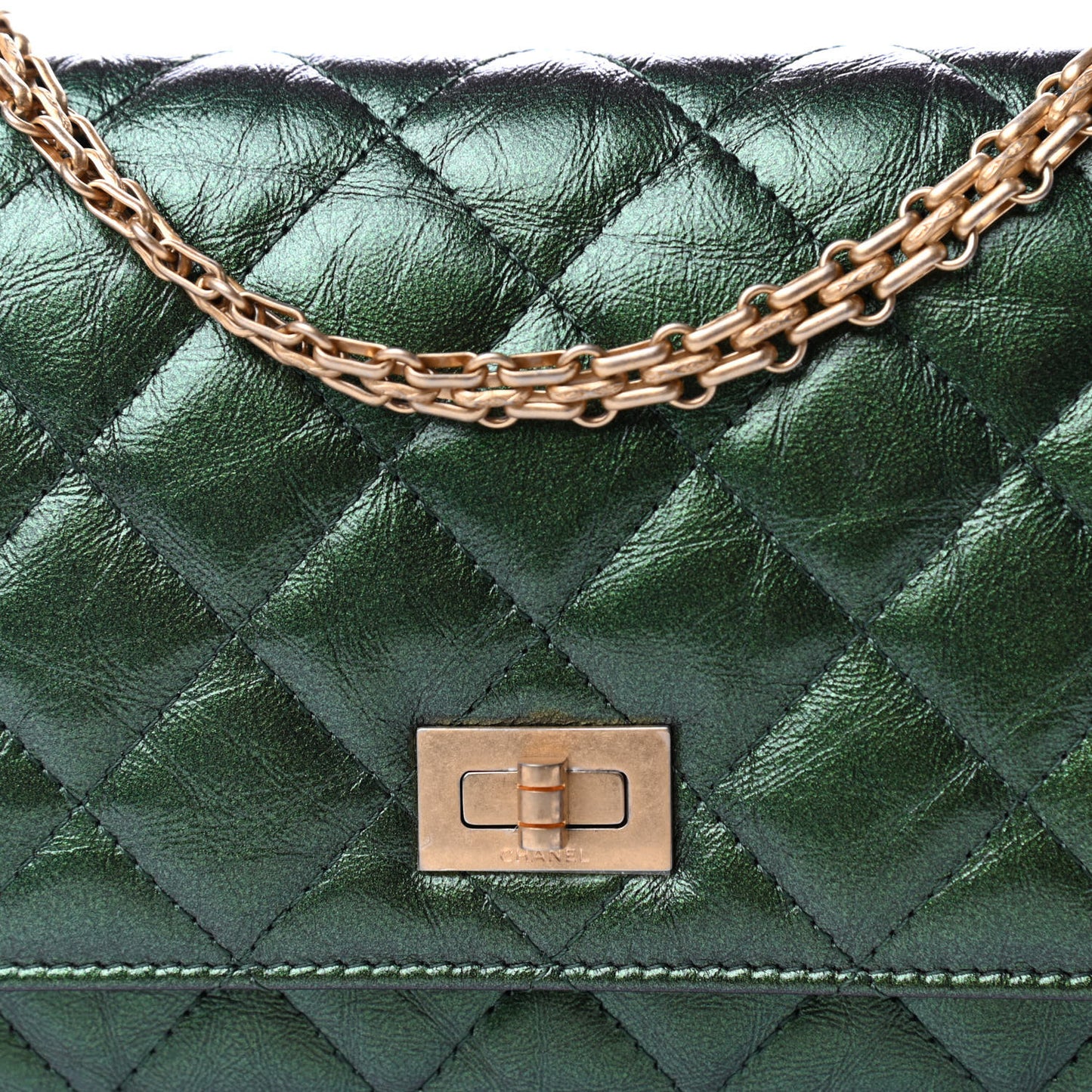 Metallic Aged Calfskin Quilted 2.55 Reissue Wallet on Chain WOC Green