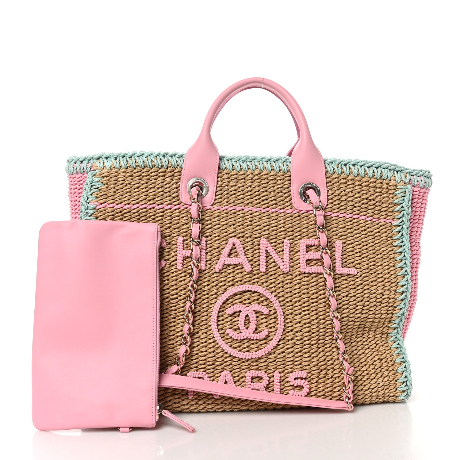 Chanel Raffia Crochet Medium Deauville Tote Beige Light Pink Green 3 of 10
