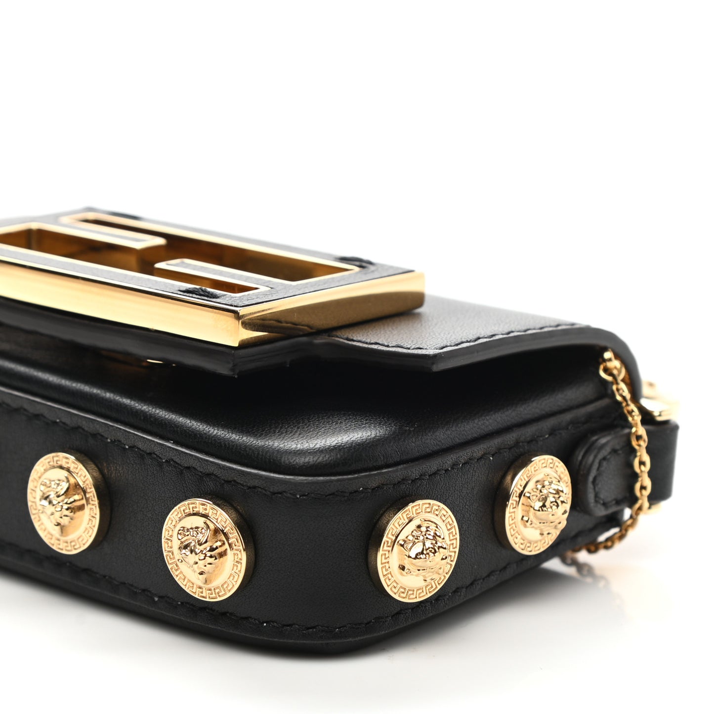 X VERSACE Vitello Seta Fendace Studded Nano Brooch Baguette Black