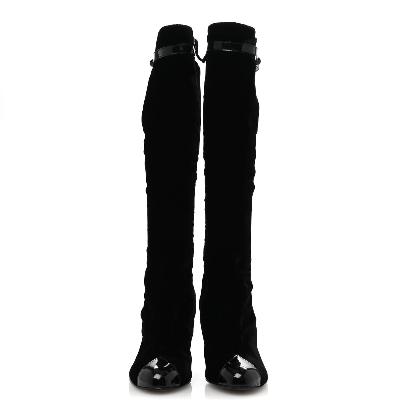 Velvet Patent Cap Toe Knee High Boots 37.5 Black