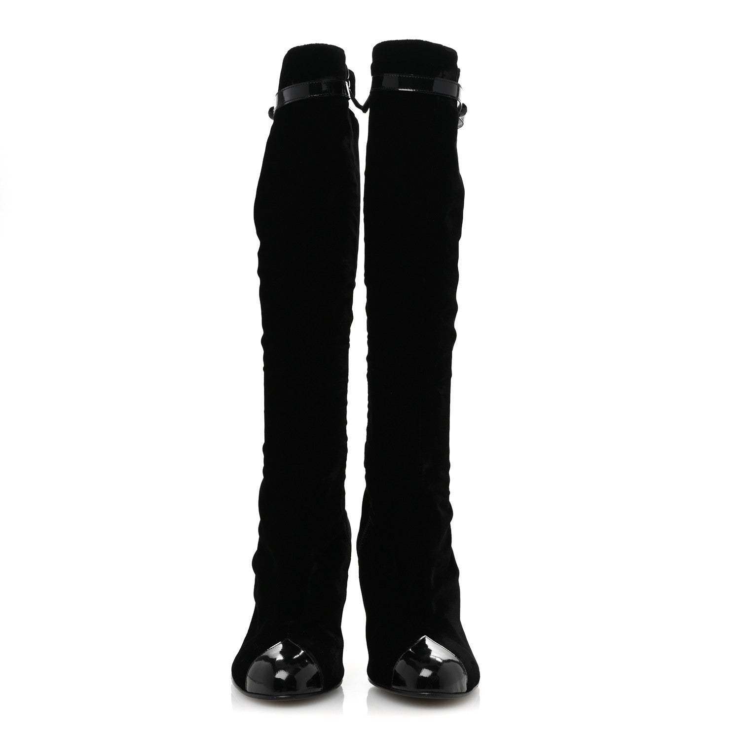 Chanel Velvet Patent Cap Toe Knee High Boots 37.5 Black 2 of 9