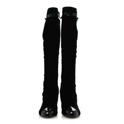 Chanel Velvet Patent Cap Toe Knee High Boots 37.5 Black 2 of 9