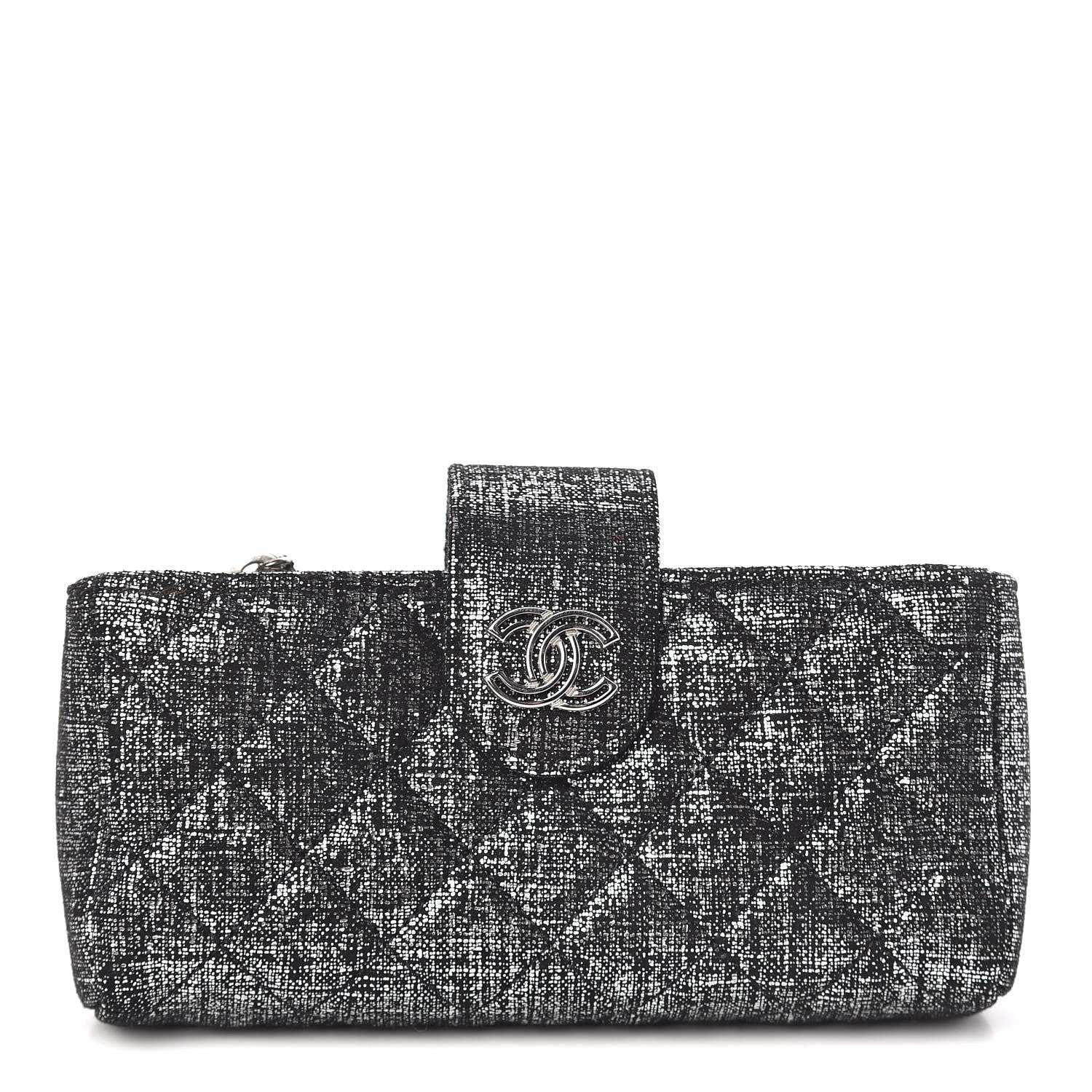 Chanel Metallic Fabric Quilted Mini Phone Holder Clutch Silver Black 1 of 7