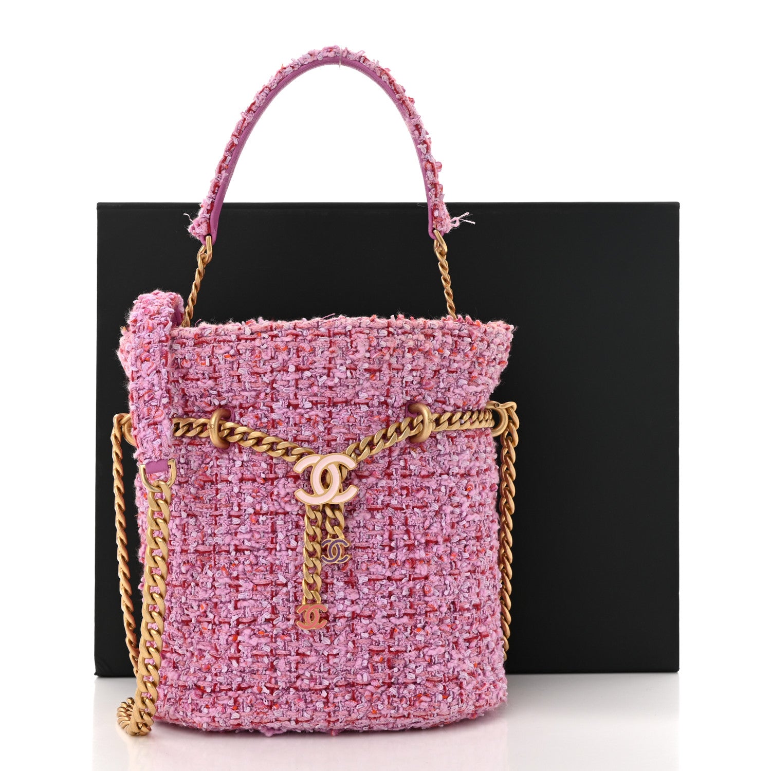 Chanel Tweed Enamel Quilted Pending CC Bucket Drawstring Bag Light Purple Pink Red 12 of 12