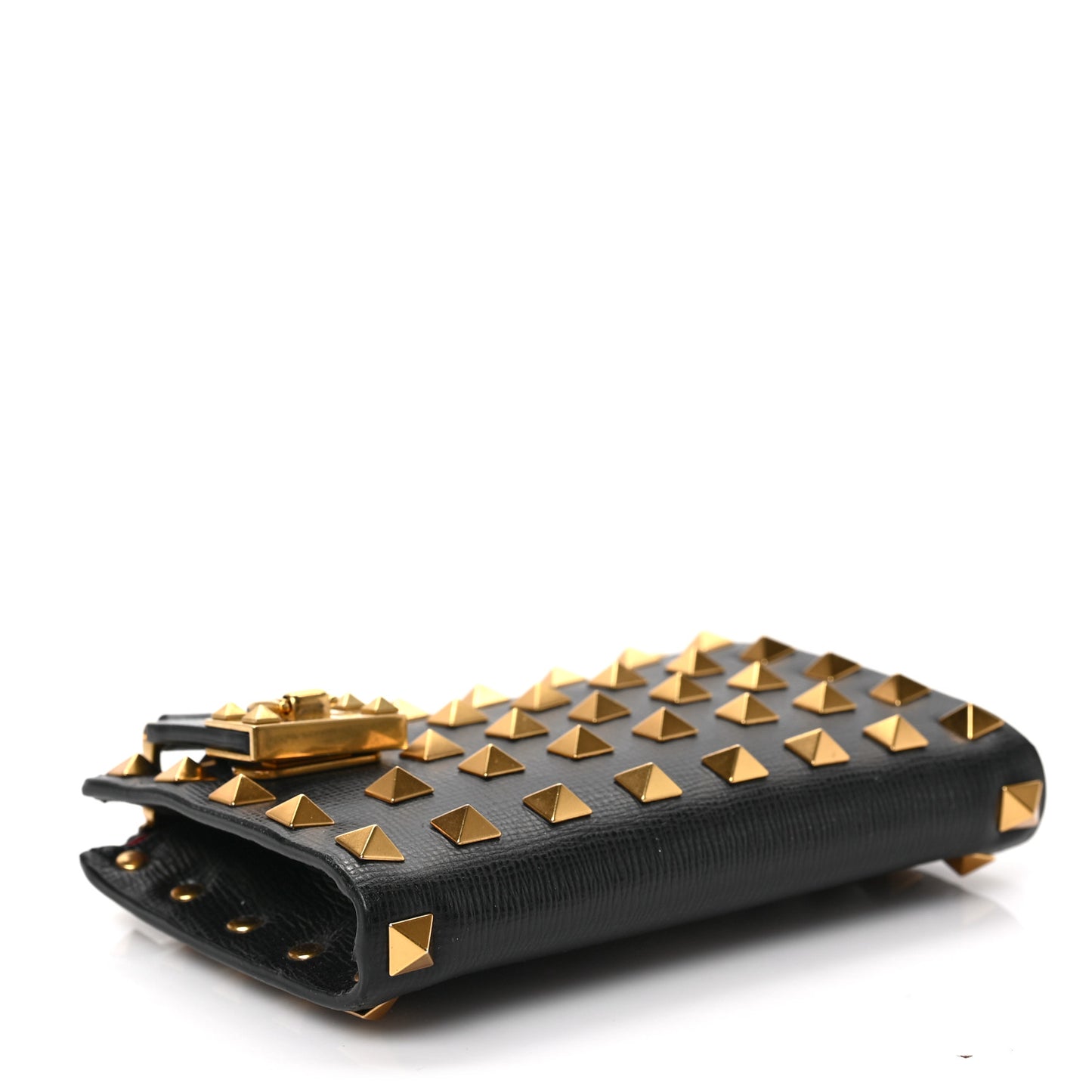 Grainy Calfskin Rockstud Allover Alcove Coin Case Card Holder Black