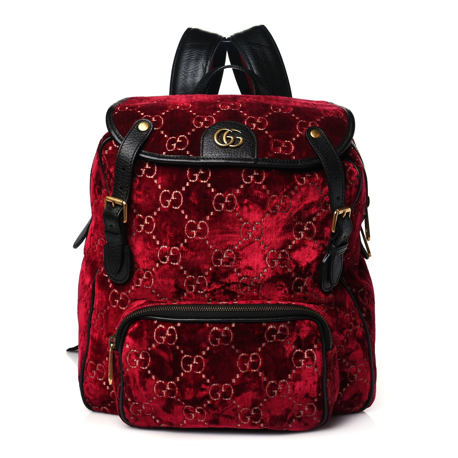 Gucci Velvet GG Monogram Textured Calfskin Web Small Double Buckle Backpack Red Cipria Black 1 of 14