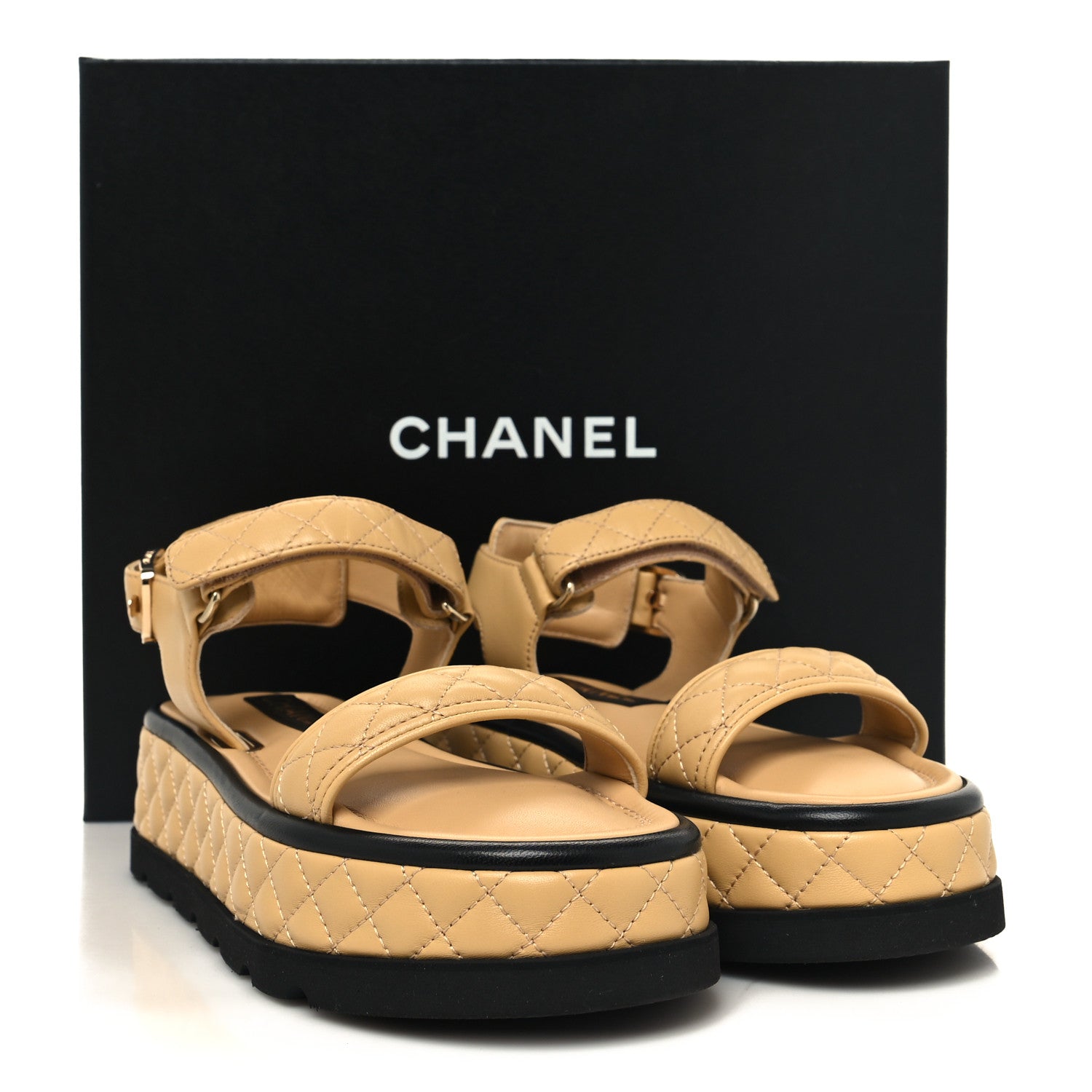 Chanel Lambskin Quilted Platform Sandals 37 Beige Black 10 of 10