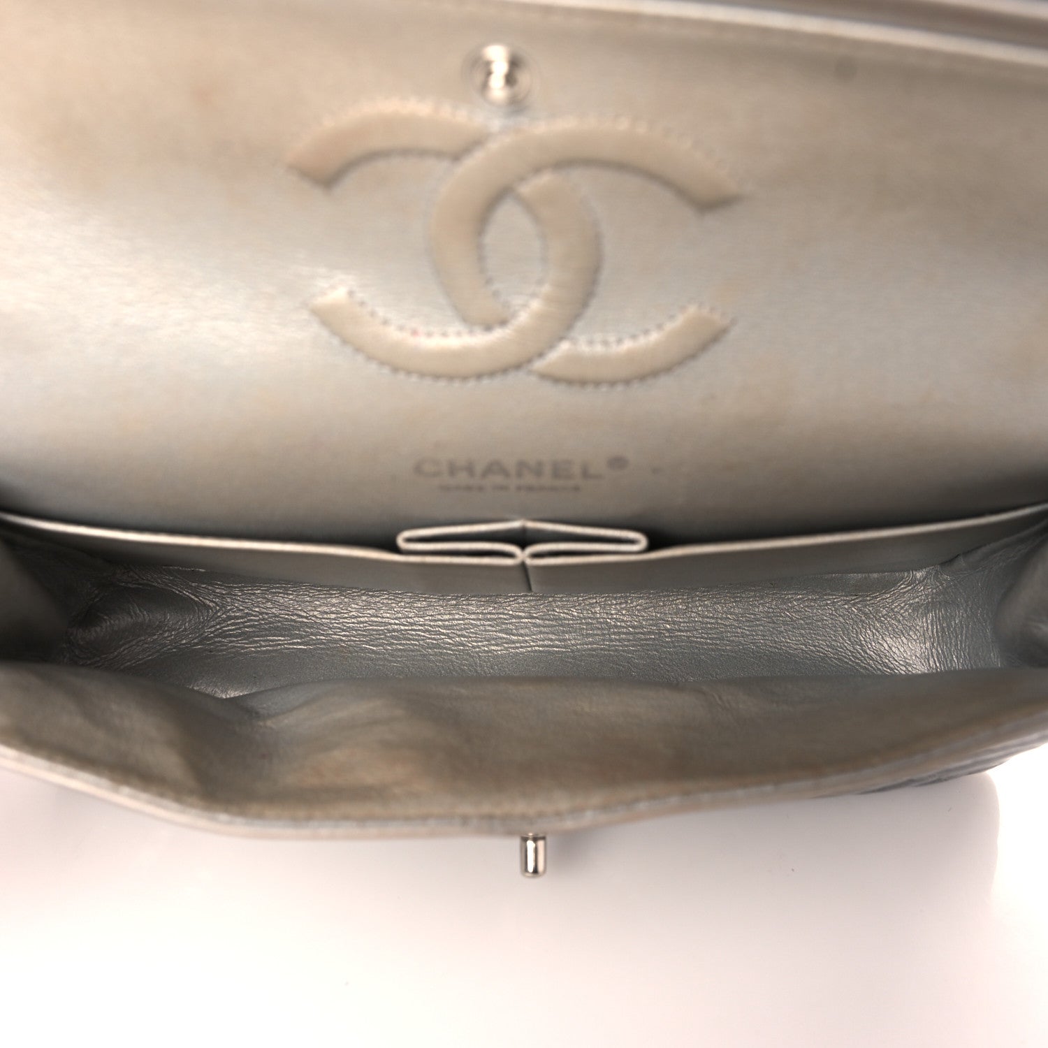 Chanel Metallic Patent Crumpled Calfskin Chevron Quilted Medium Double Flap Silver 4 of 13