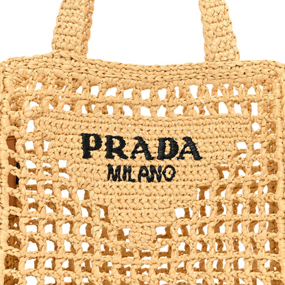 Prada Yarn Raffia Effect Crochet Logo Embroidered Small Tote Bag Naturale 7 of 9