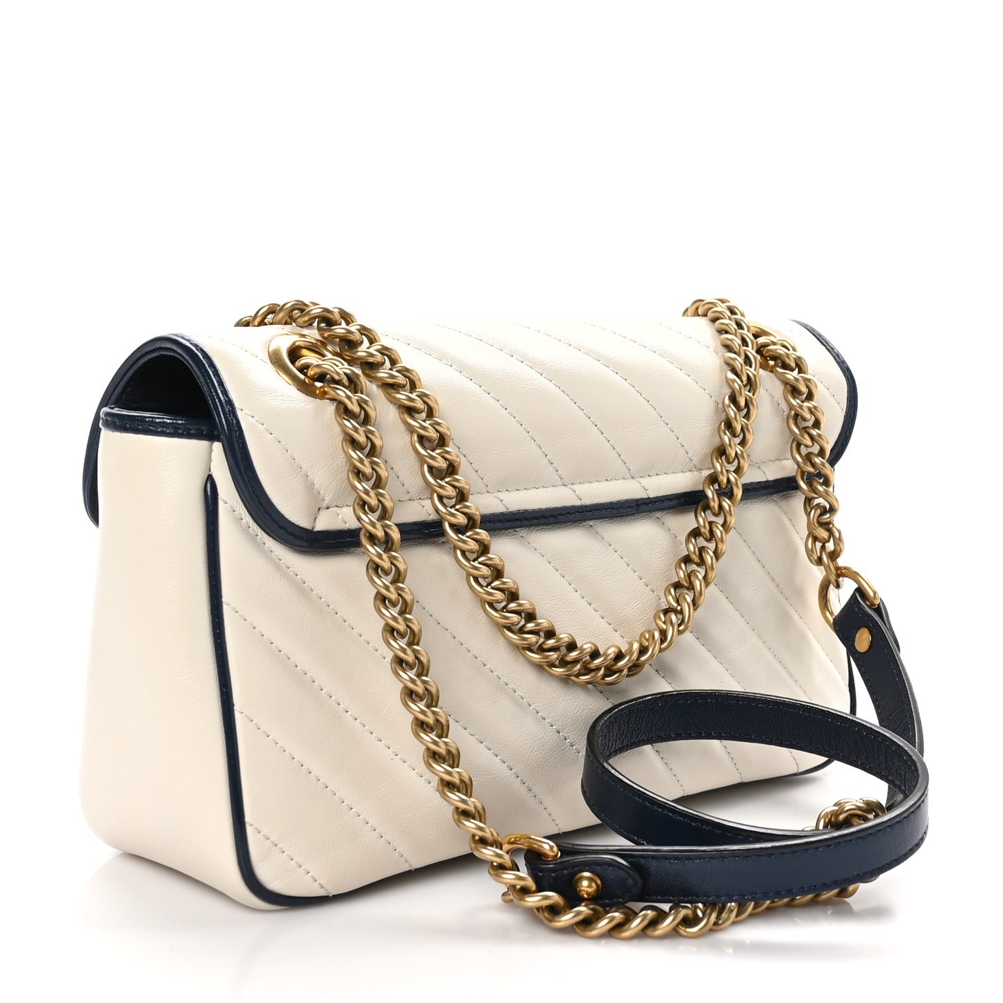 Vintage Effect Calfskin Matelasse Diagonal Small Torchon GG Marmont Shoulder Bag Mystic White Blue Agata