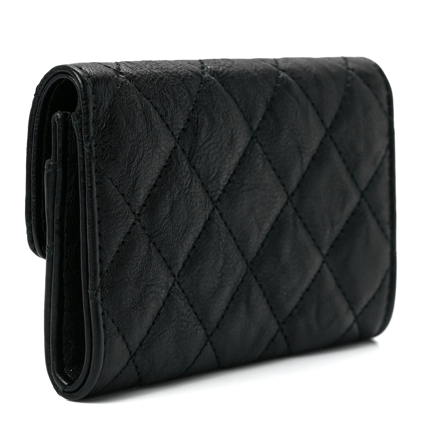 Crumpled Calfskin Quilted Flap Card Holder Wallet So Black