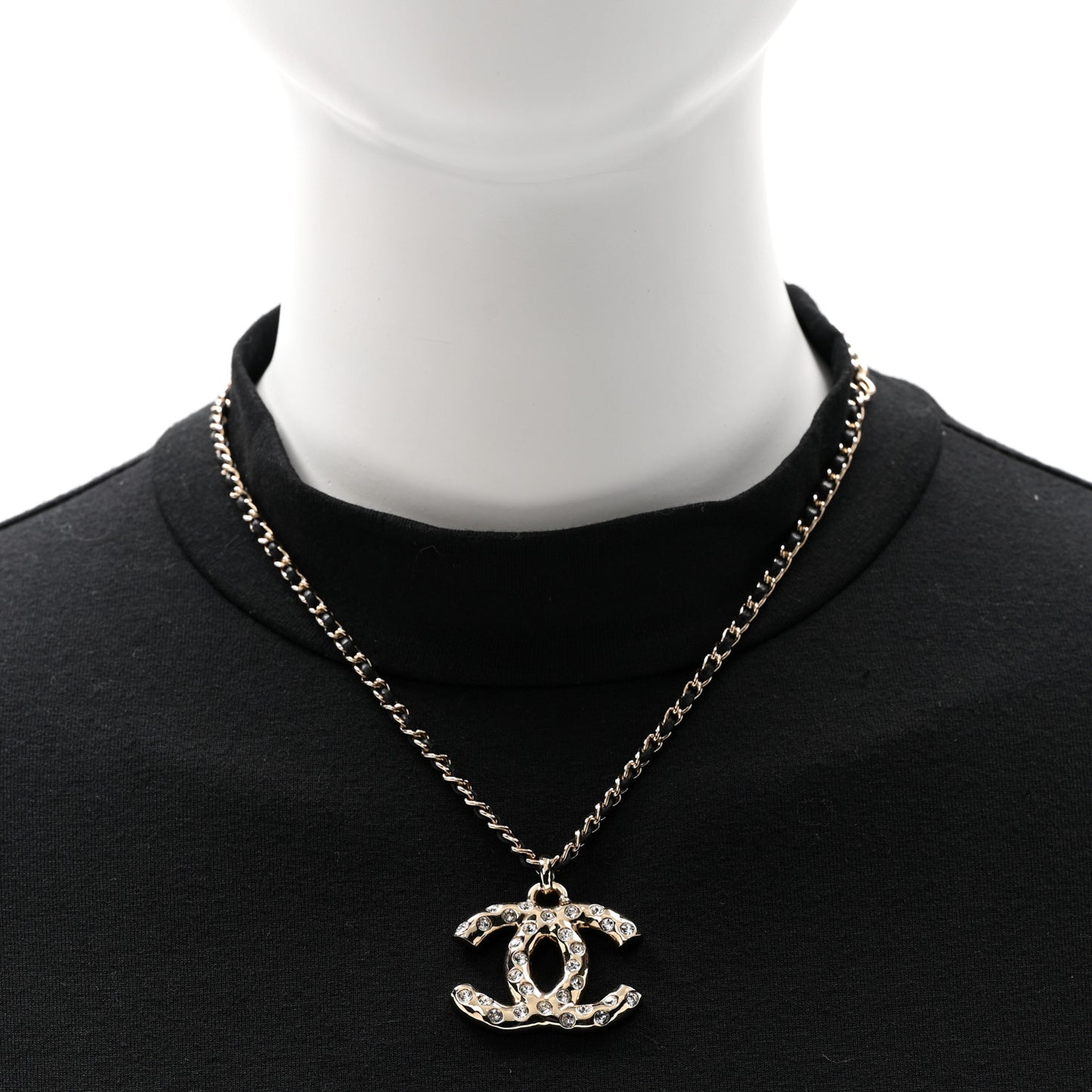Lambskin Crystal CC Chain Pendant Necklace Black Gold