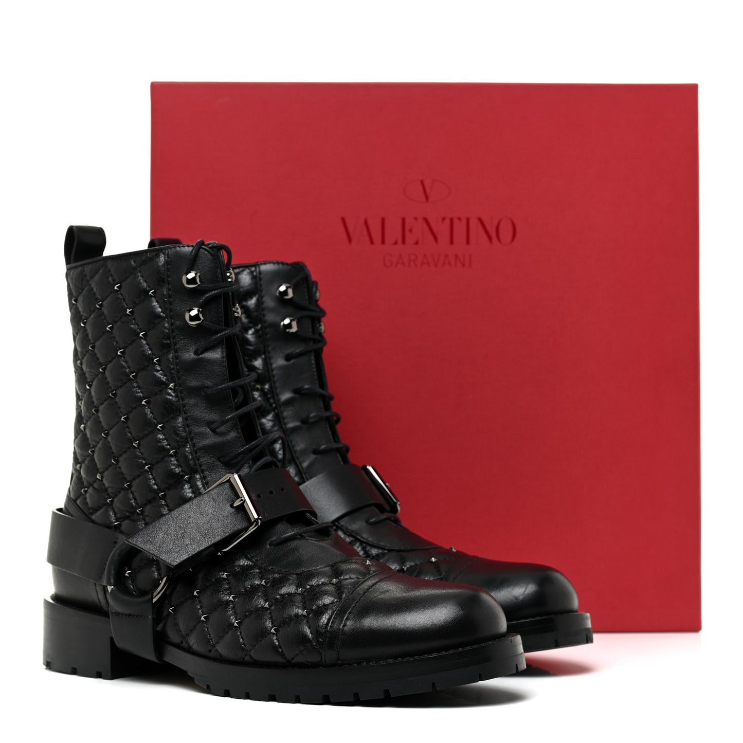 Crackled Lambskin Rockstud Spike 20mm Combat Boots 36.5 Black