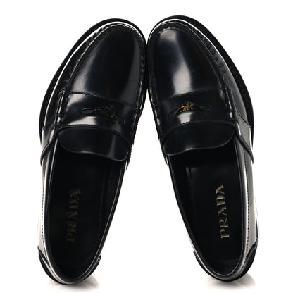 Prada Spazzolato Metal Triangle Logo Penny Loafers 35.5 Black 2 of 10