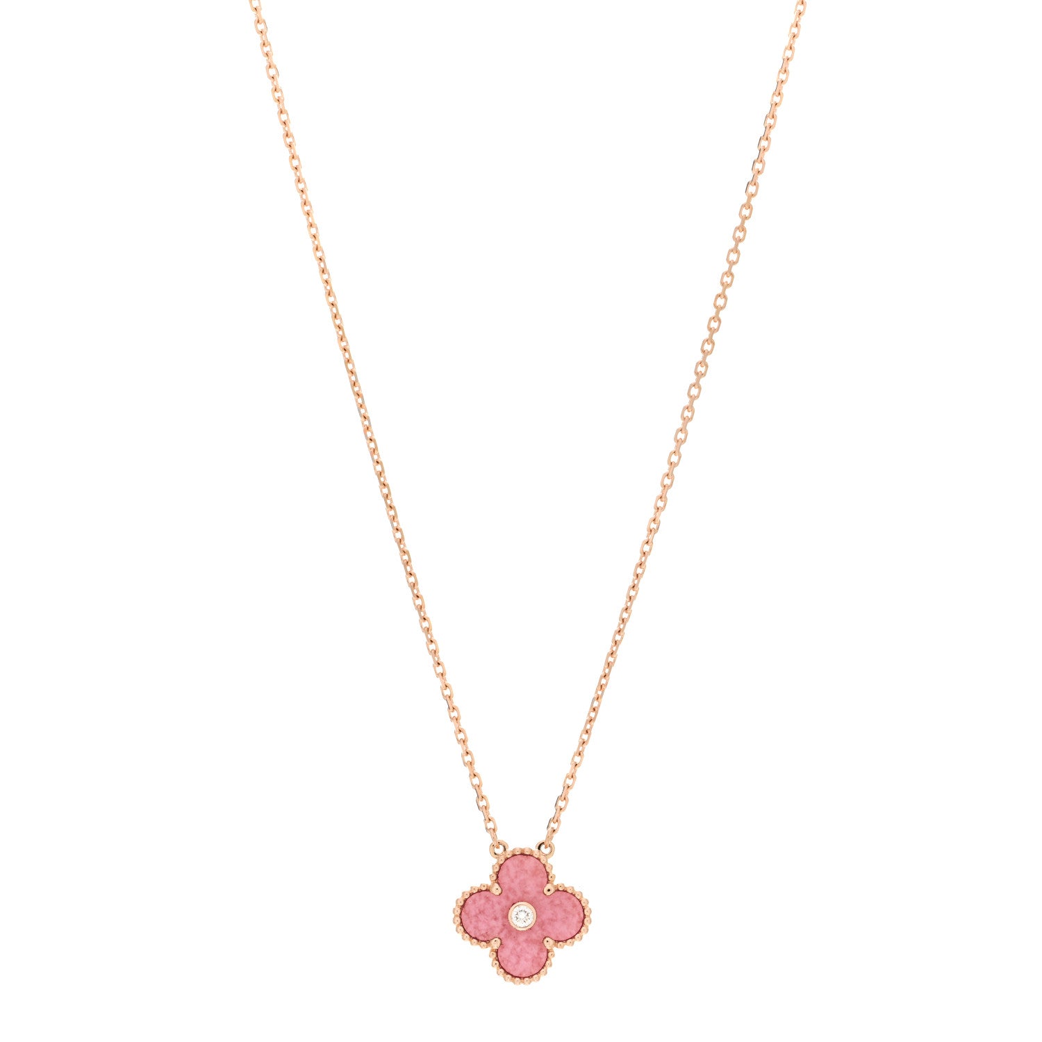 Van Cleef & Arpels 18K Rose Gold Diamond Rhodonite Vintage Alhambra Pendant Necklace 1 of 6