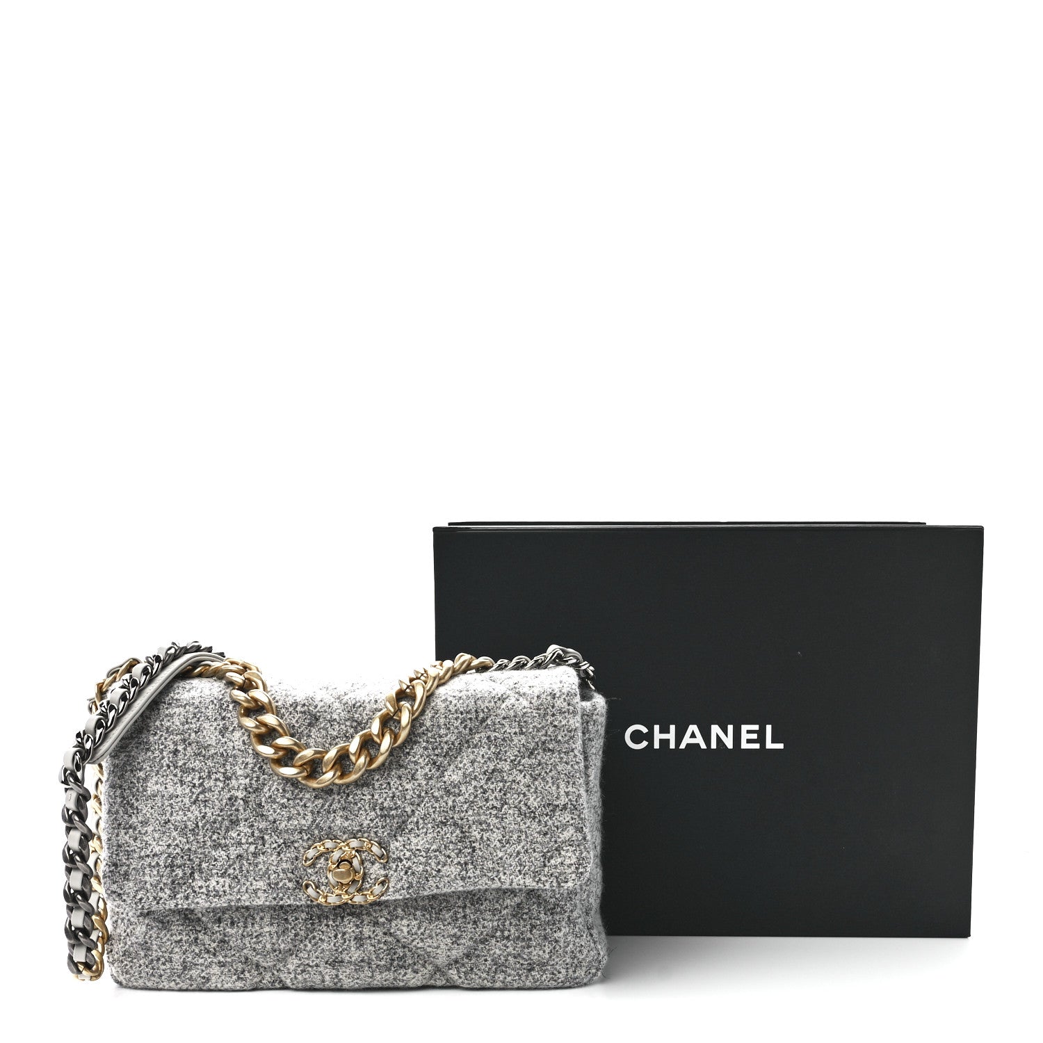 Chanel Tweed Quilted Large Chanel 19 Flap Grey 12 of 12