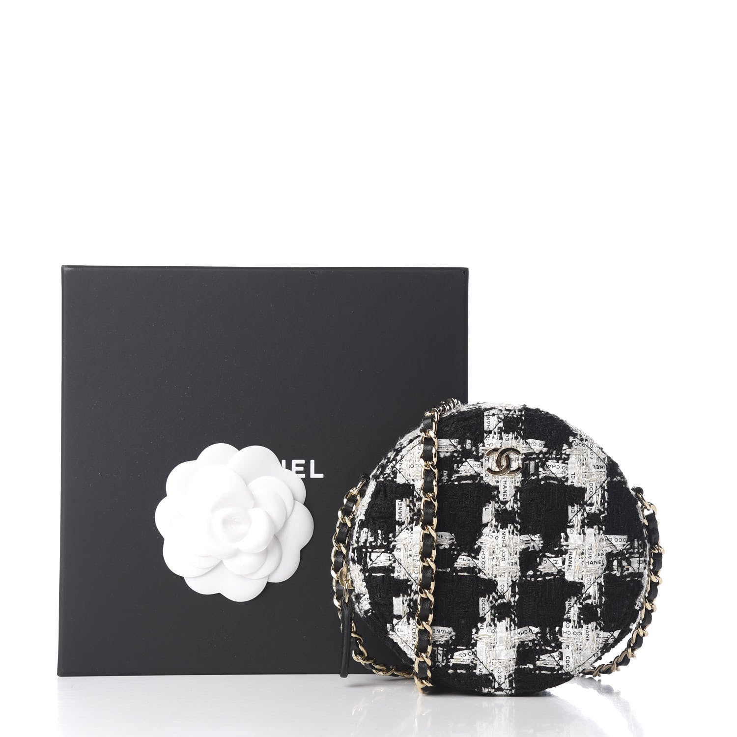 Chanel Tweed Quilted Round Clutch With Chain Black Ecru White 9 of 9