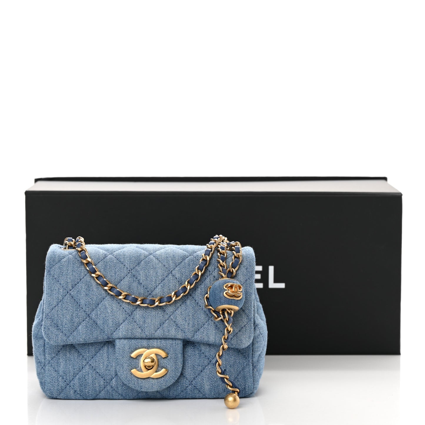 Denim Quilted Mini Pearl Crush Flap Blue
