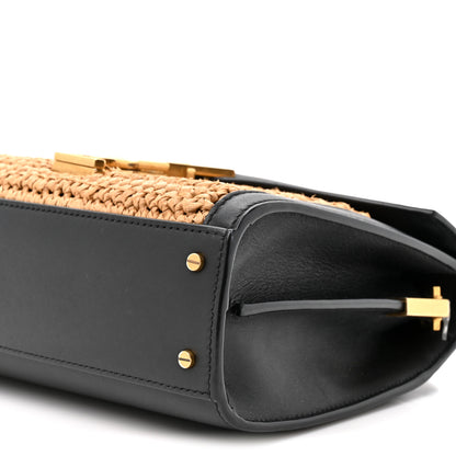 Saint Laurent Raffia Calfskin Mini Classic Monogram Cassandra Top Handle Black Natural 8 of 9