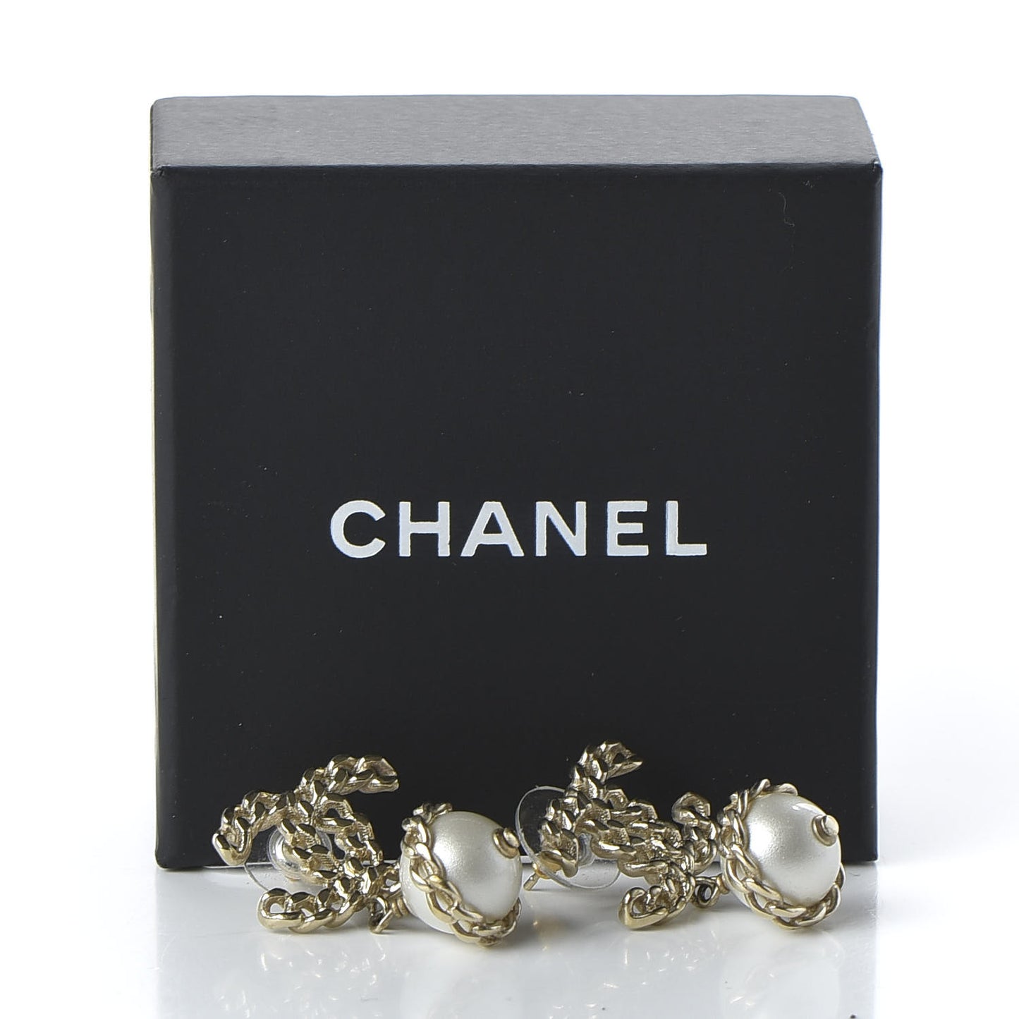 Pearl Chain CC Dangle Earrings Gold