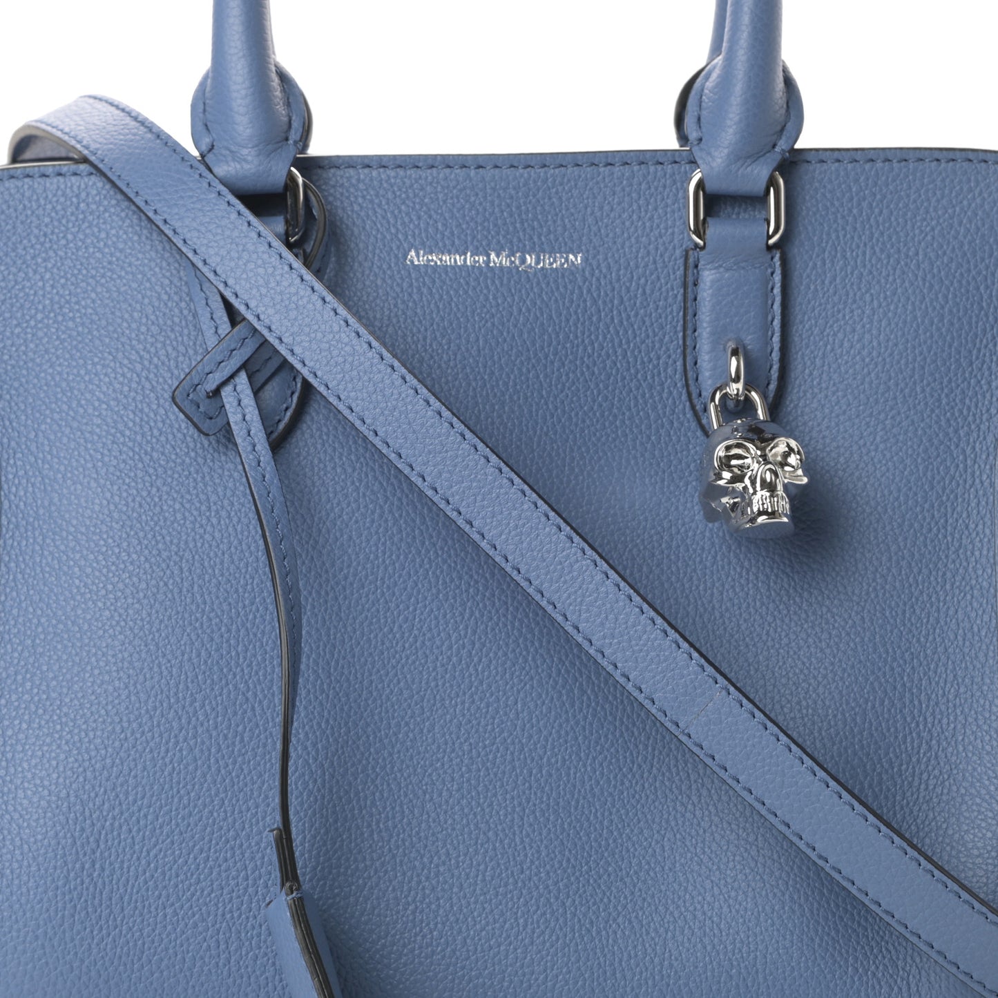 Pebbled Calfskin Small Skull Padlock Zip Around Tote Blue