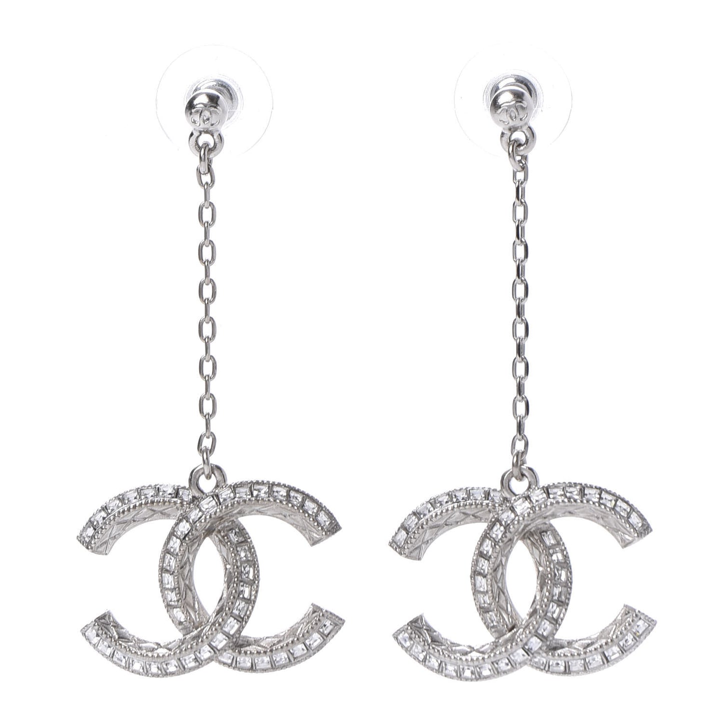Baguette Crystal CC Drop Earrings Silver