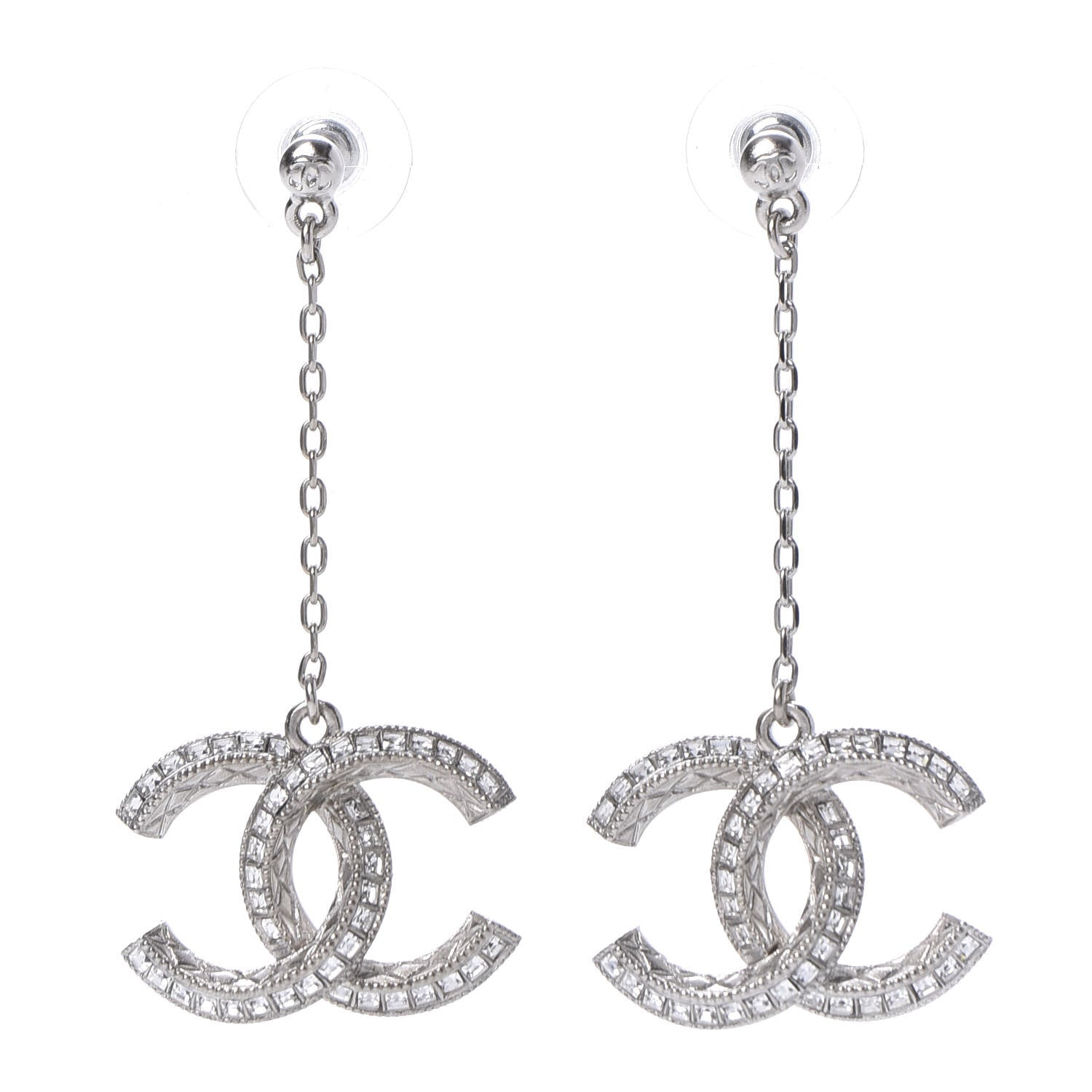 Chanel Baguette Crystal CC Drop Earrings Silver 1 of 5