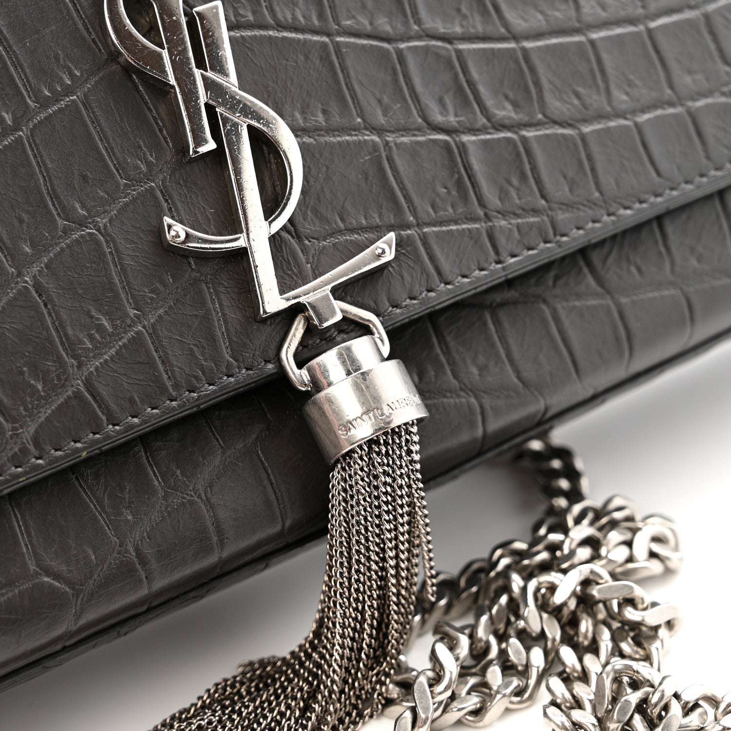 Saint Laurent Calfskin Crocodile Embossed Medium Classic Monogram Kate Tassel Satchel Storm 13 of 13