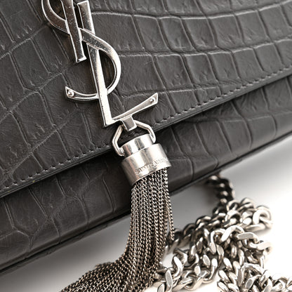 Saint Laurent Calfskin Crocodile Embossed Medium Classic Monogram Kate Tassel Satchel Storm 13 of 13