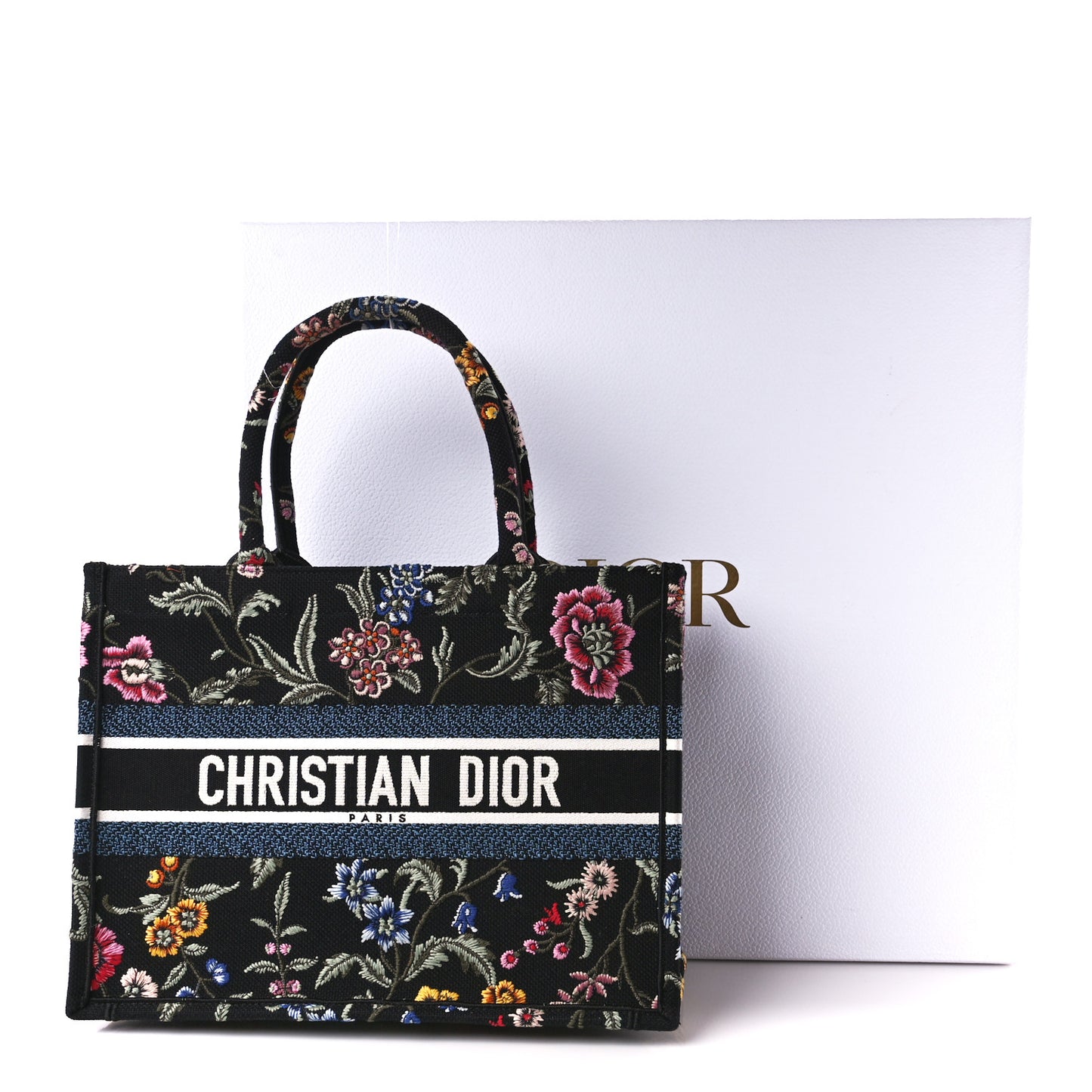 Raffia Embroidered Petites Fleurs Medium Book Tote Navy Blue Multicolor