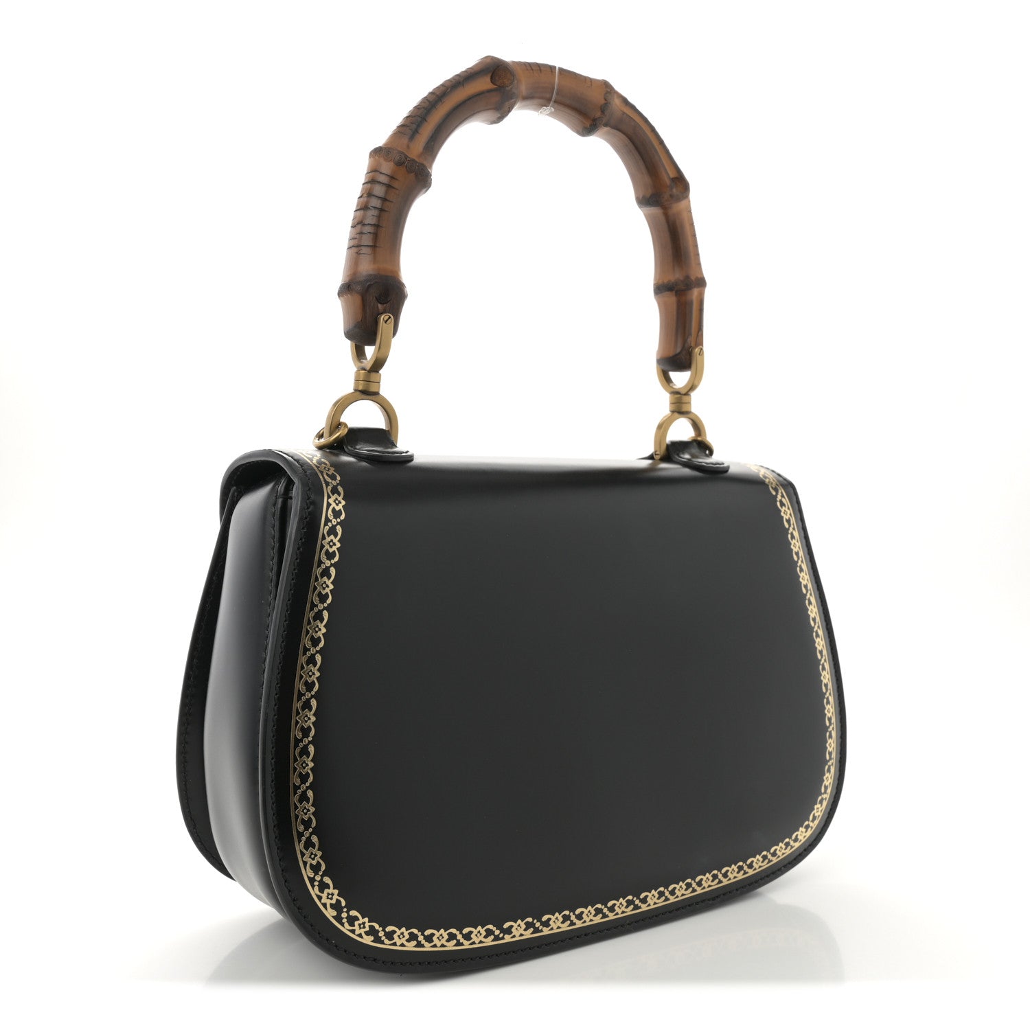Gucci Calfskin Frame Print Bamboo Top Handle Bag Black 3 of 12