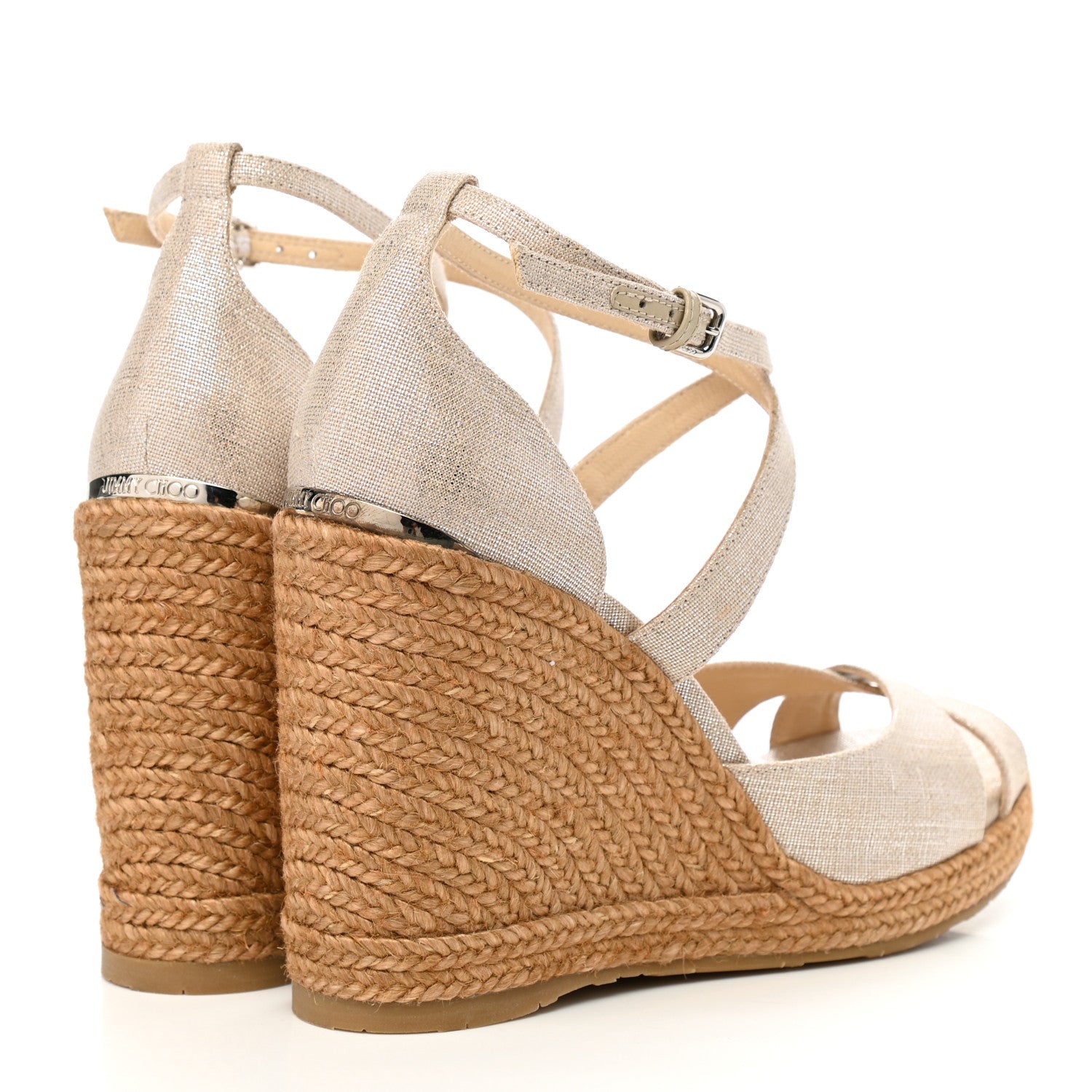 Jimmy Choo Metallic Linen Cork Alanah Wedge Sandals 38 Natural Silver 4 of 7