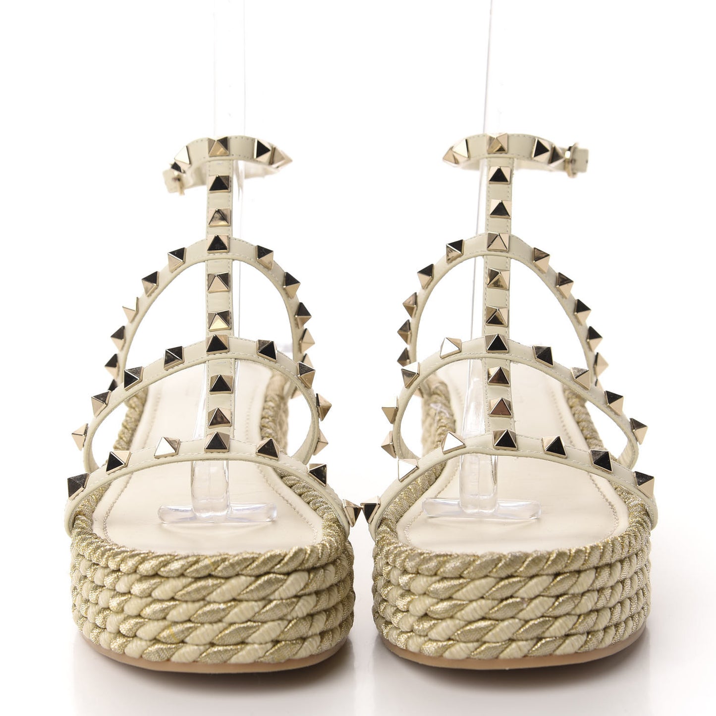 Calfskin Rockstud Ankle Strap Torchon Espadrille Caged 30/55mm Sandals 39 Light Ivory