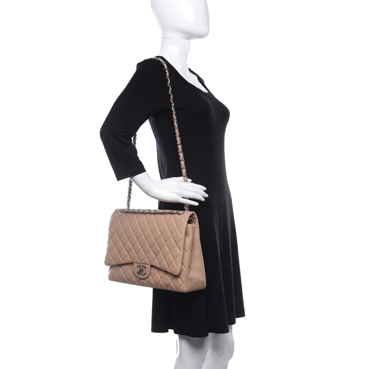 Caviar Quilted Maxi Double Flap Light Beige