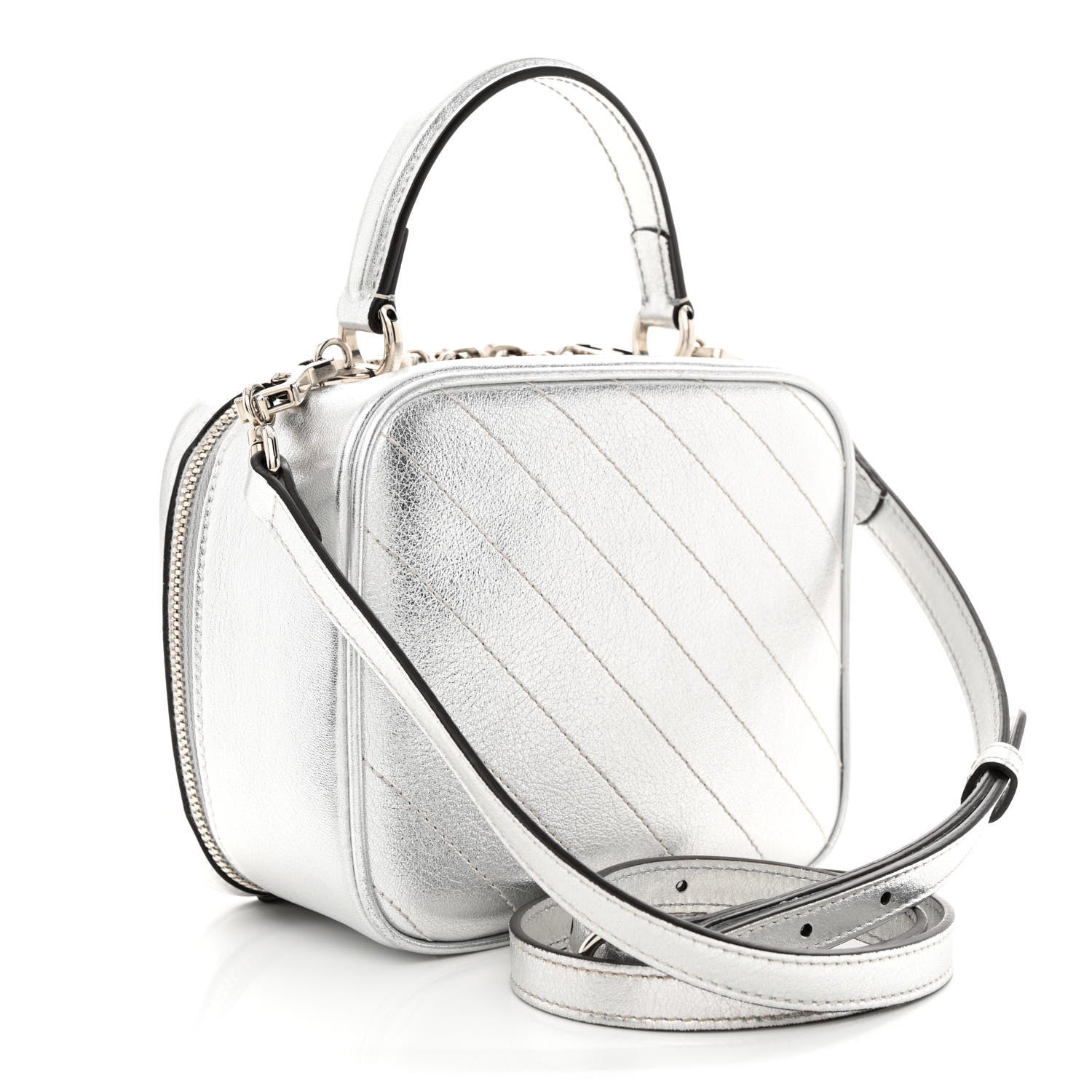 Gucci Metallic Sakai Be Green Calfskin Diagonal Stitched Blondie Top Handle Bag Silver 3 of 14