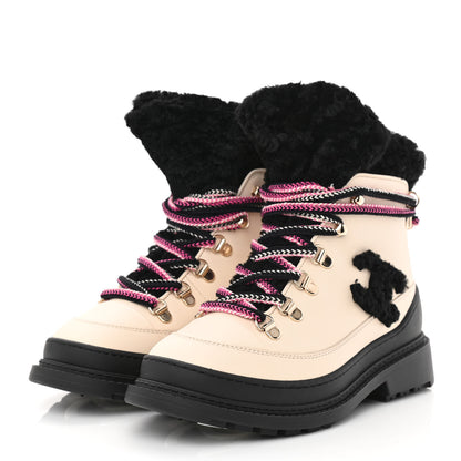 Chanel Calfskin Shearling CC Lace Up Boots 35 Black White 3 of 9
