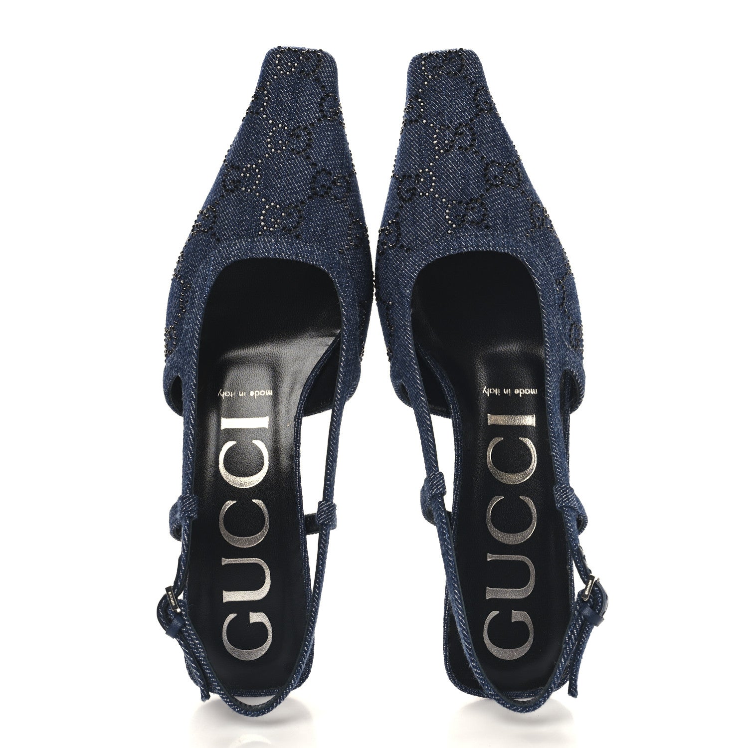 Gucci Denim GG Monogram Malaga Kid Crystal Square G 35mm Slingback Pumps 37.5 Blue 2 of 10