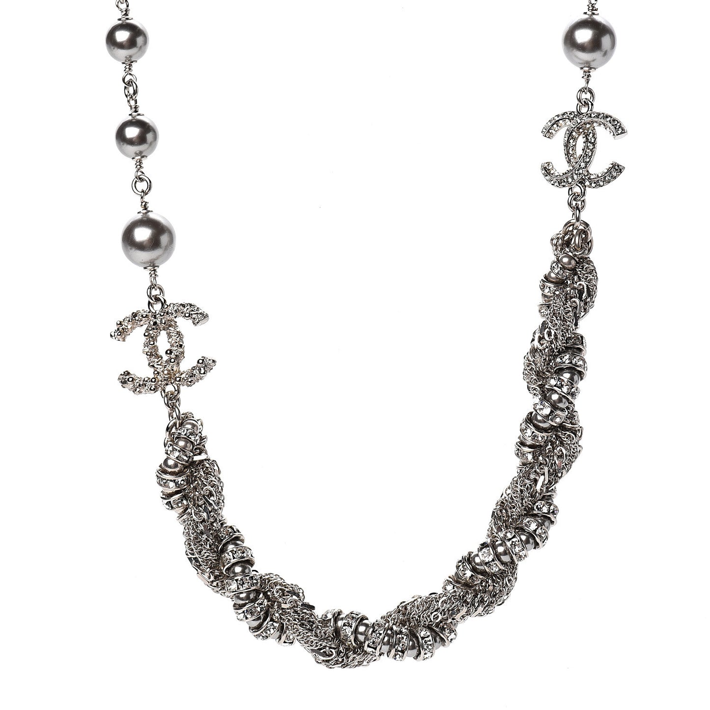 Pearl Crystal Chain CC Necklace Silver